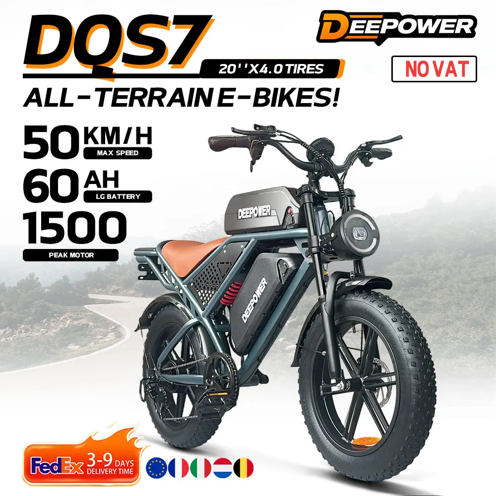 EU Stock DEEPOWER QS7 Electric Bicycle 1000W 48V 35AH Lithium Battery Electric Bike 20*4.0 Fat Tire Snow E-bike,dual shock absor