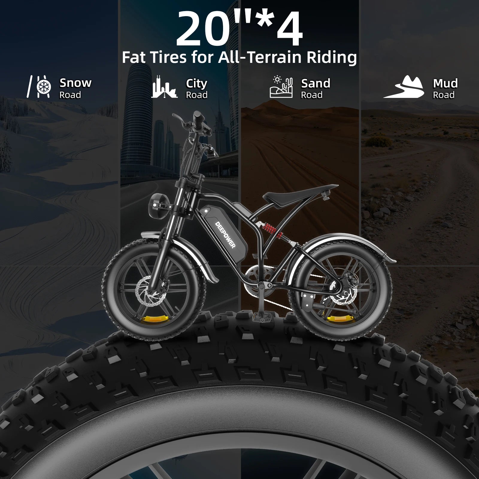 DEEPOWER S20 Peak 1500W Electric Bicycle 48V20AH 20Inch Fat Tire E-bike Outdoor Commuting Electric Mountain Bike for Men Women