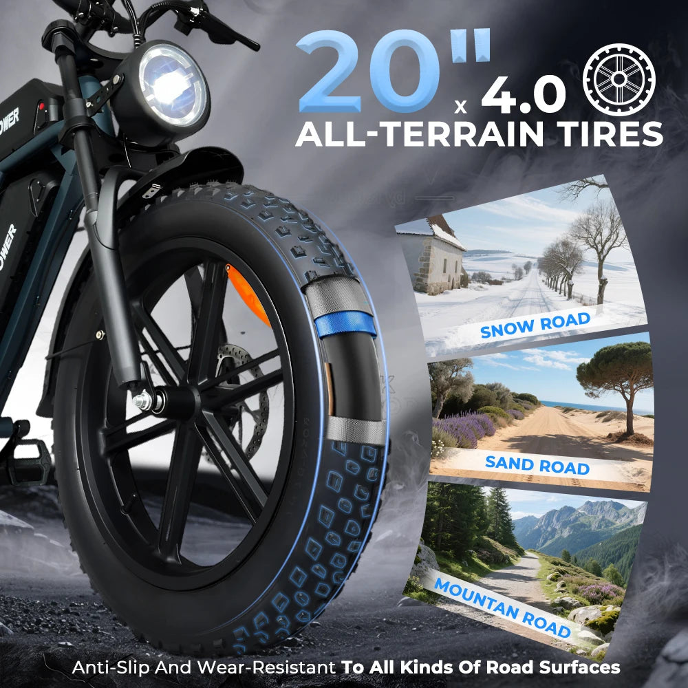 EU Stock DEEPOWER QS7 Electric Bicycle 1000W 48V 35AH Lithium Battery Electric Bike 20*4.0 Fat Tire Snow E-bike,dual shock absor