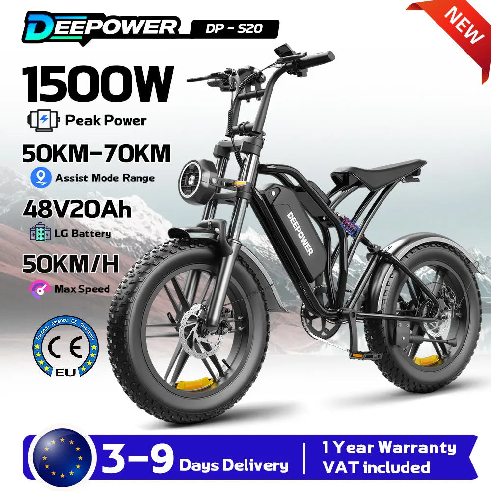 DEEPOWER S20 Peak 1500W Electric Bicycle 48V20AH 20Inch Fat Tire E-bike Outdoor Commuting Electric Mountain Bike for Men Women
