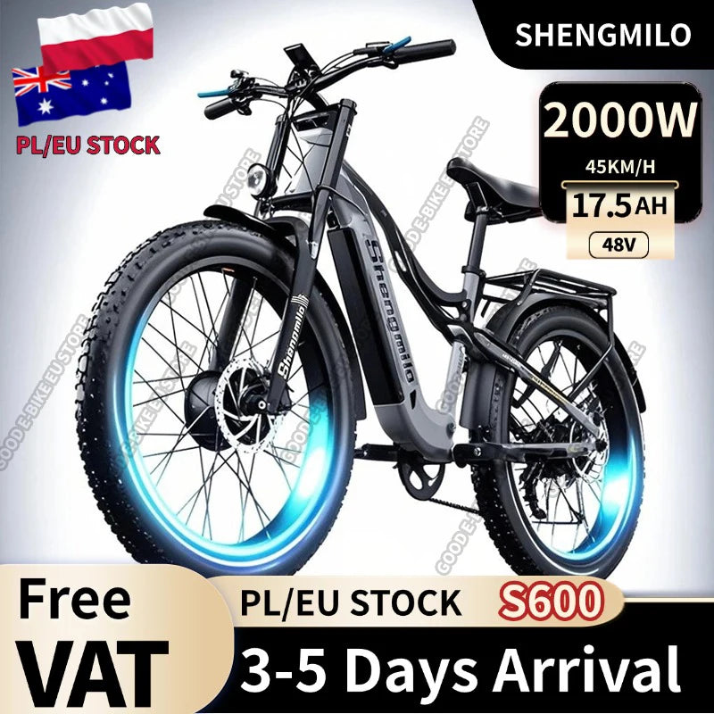 Shengmilo S600 Adult 2000W Men's E-Mountain ebike with Two Motors, 48V17.5AH840WH Battery,26 Inch Wide Tyre Men's Electric Bike