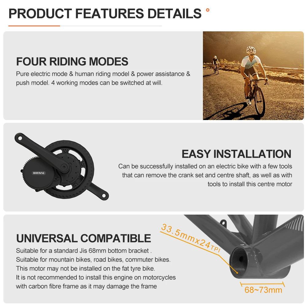 BAFANG Middle Motor 250 W 350 W 500 W BBS01B G340 Motor Mid Drive Motor Electric Bike Ebike Conversion Kit 13Ah 15.6Ah 24Ah Hailong Battery 18650 & 21700 Cells Kits  E-Bike Display Custom E-Bike Kits for BB 68/73 mm Mountain