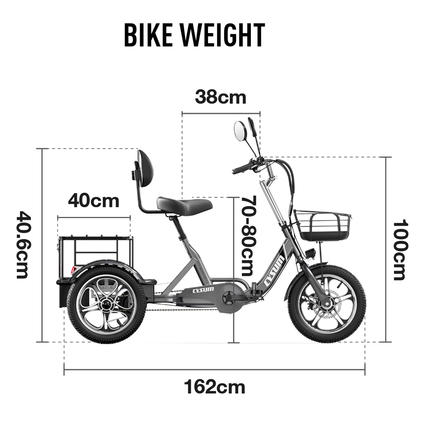CYSUM T1 Pro Electric Tricycle, Pedal-Assist Three-Wheeled Electric Bike 16" Cargo Ebike with Generous Capacity 48V 22Ah Battery