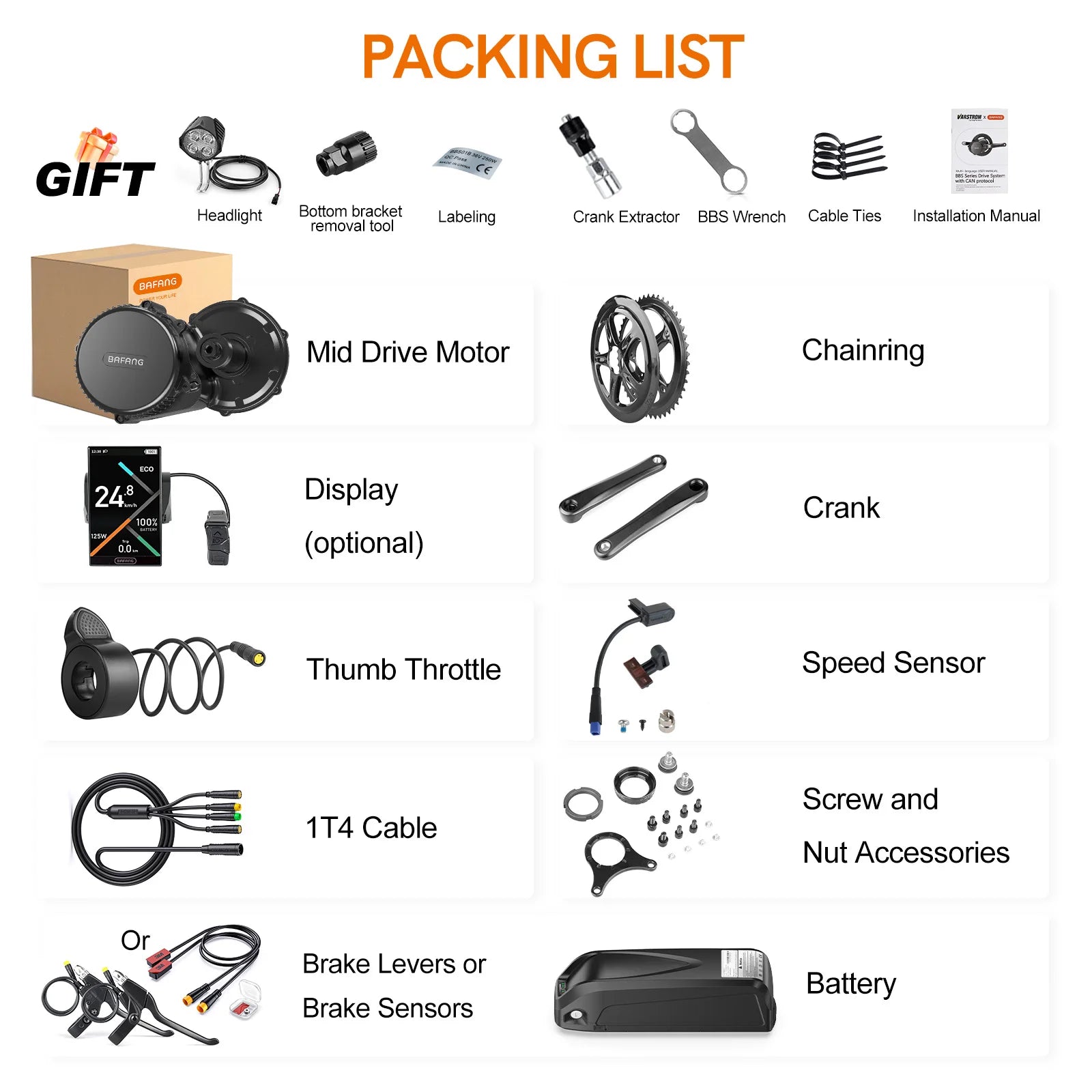 BAFANG Middle Motor 250 W 350 W 500 W BBS01B G340 Motor Mid Drive Motor Electric Bike Ebike Conversion Kit 13Ah 15.6Ah 24Ah Hailong Battery 18650 & 21700 Cells Kits  E-Bike Display Custom E-Bike Kits for BB 68/73 mm Mountain