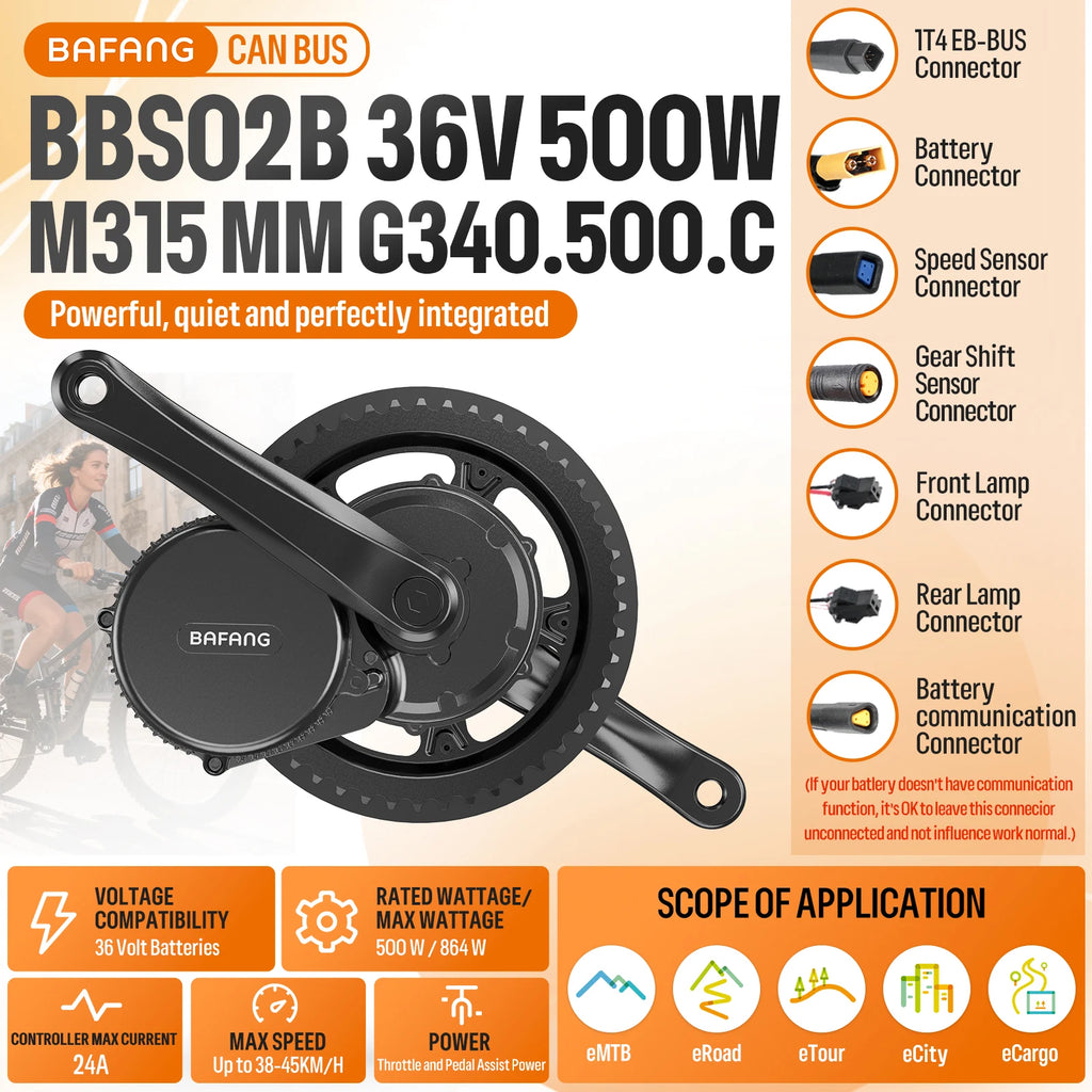 BAFANG Middle Motor 250 W 350 W 500 W BBS01B G340 Motor Mid Drive Motor Electric Bike Ebike Conversion Kit 13Ah 15.6Ah 24Ah Hailong Battery 18650 & 21700 Cells Kits  E-Bike Display Custom E-Bike Kits for BB 68/73 mm Mountain