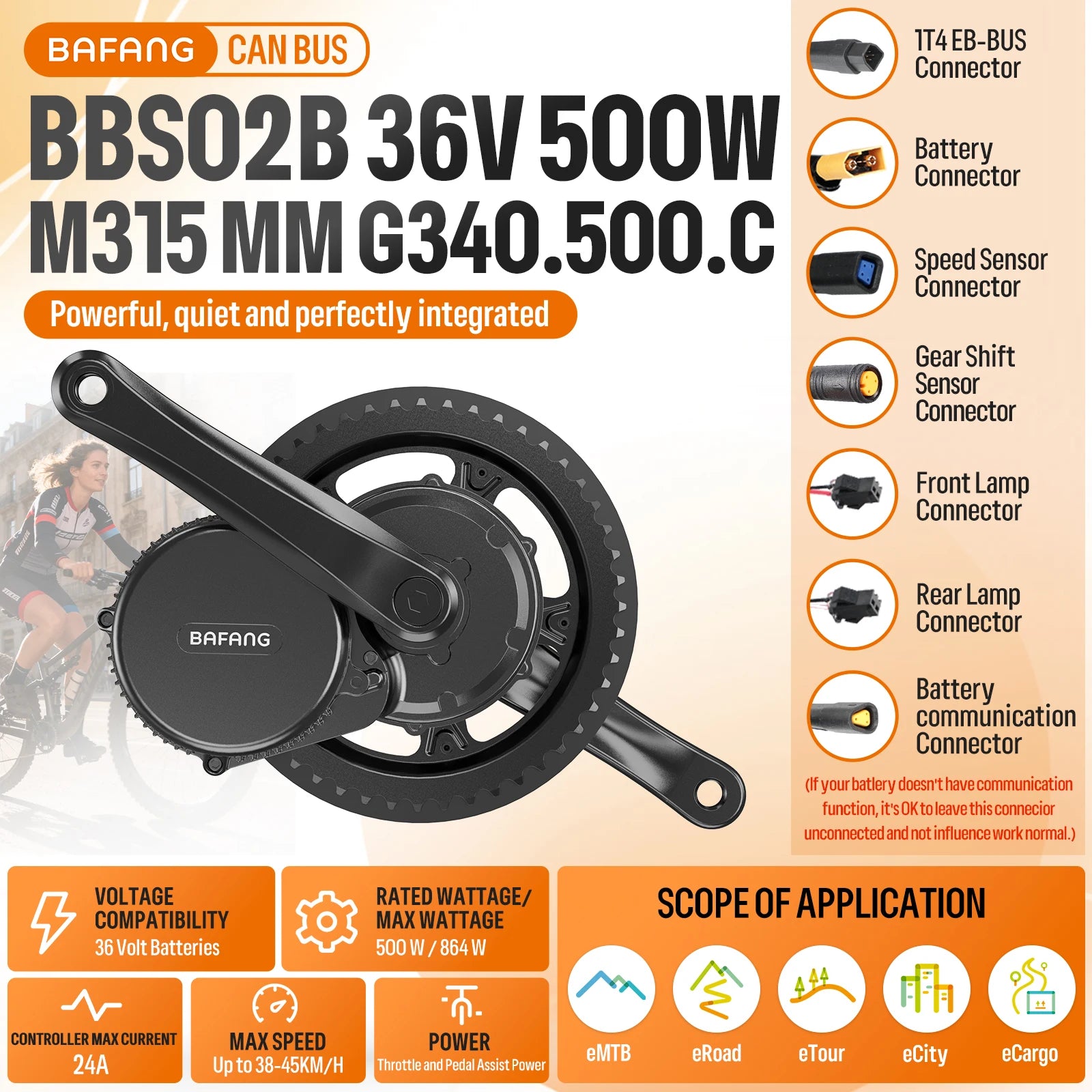 BAFANG Middle Motor 250 W 350 W 500 W BBS01B G340 Motor Mid Drive Motor Electric Bike Ebike Conversion Kit 13Ah 15.6Ah 24Ah Hailong Battery 18650 & 21700 Cells Kits  E-Bike Display Custom E-Bike Kits for BB 68/73 mm Mountain