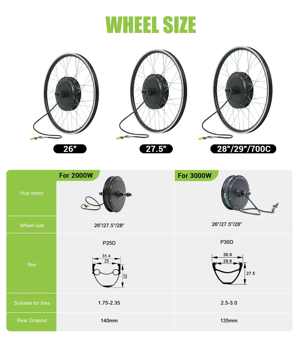 ebike conversion Kit 52V 2000W ebike kit 72V 3000W Rear Motor Wheel Hub Motor 1.75- 3.0Tire Electric Bicycle Bike Conversion Kit