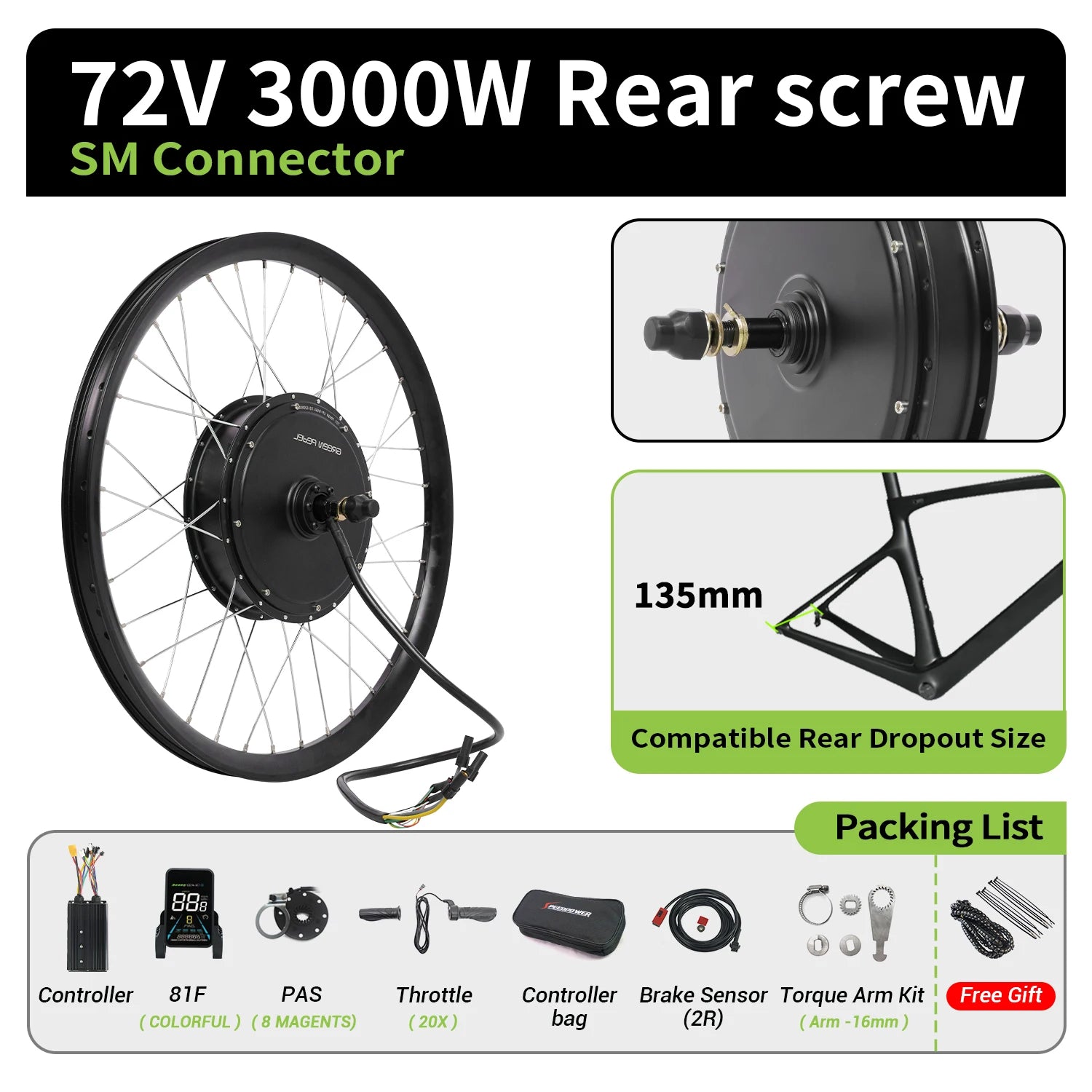 ebike conversion Kit 52V 2000W ebike kit 72V 3000W Rear Motor Wheel Hub Motor 1.75- 3.0Tire Electric Bicycle Bike Conversion Kit