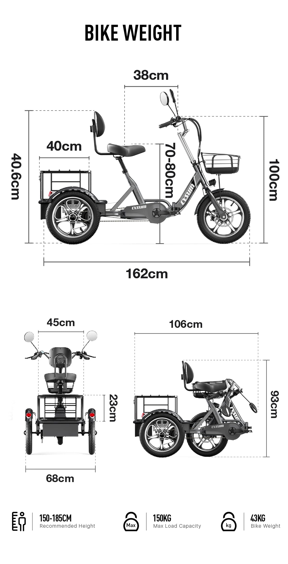 CYSUM T1 Pro Electric Tricycle, Pedal-Assist Three-Wheeled Electric Bike 16" Cargo Ebike with Generous Capacity 48V 22Ah Battery