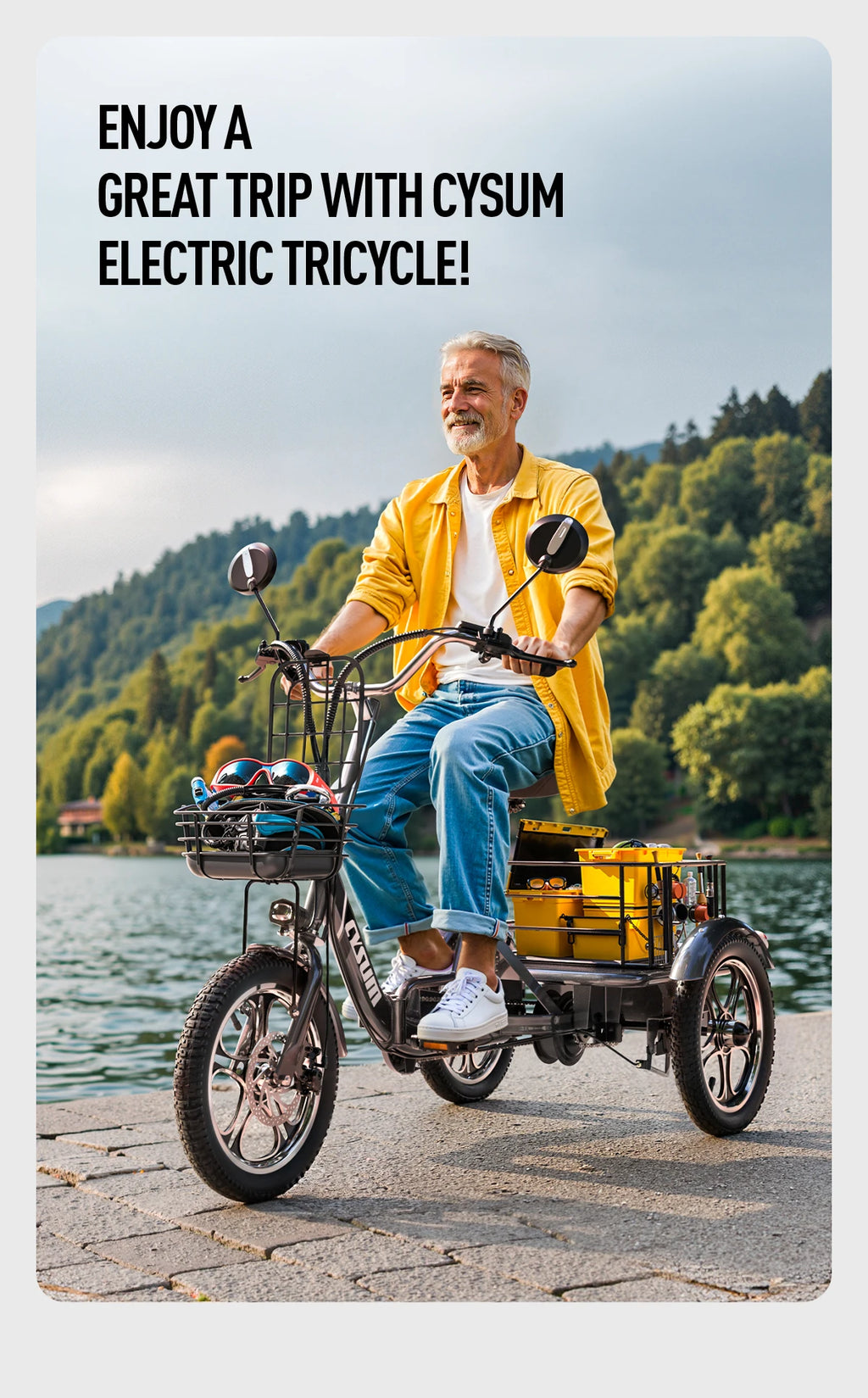 CYSUM T1 Pro Electric Tricycle, Pedal-Assist Three-Wheeled Electric Bike 16" Cargo Ebike with Generous Capacity 48V 22Ah Battery