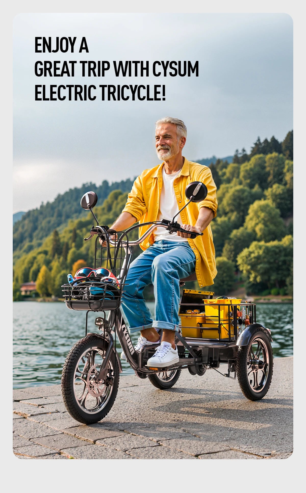 CYSUM T1 Pro Electric Tricycle, Pedal-Assist Three-Wheeled Electric Bike 16" Cargo Ebike with Generous Capacity 48V 22Ah Battery