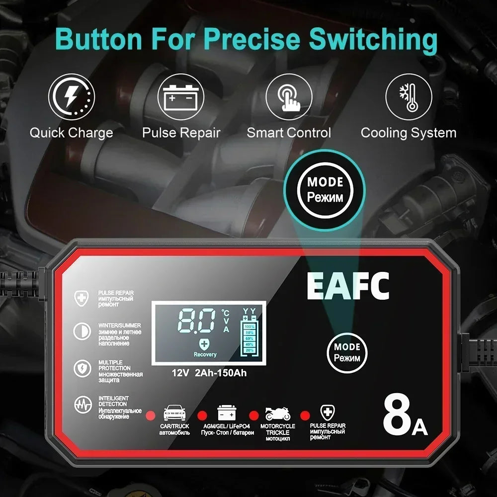 12V 8A Intelligent Car Battery Charger Car Battery Charger Pulse Repair Motorcycle Truck Battery Charger GEL Lead Acid