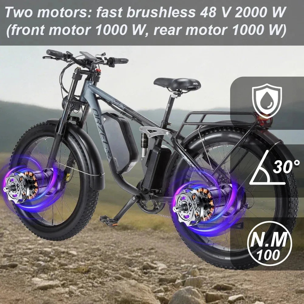 ORZEL K17 Electric bicycle 2000W Dual Motor 26" 45KM/H Speed 120KM Range 25Ah Battery