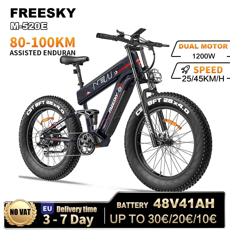 FREESKY M520 Electric cycle 1200W Motor 48V 41AH Battery 61 KM/H Speed 26 * Fat is Tow