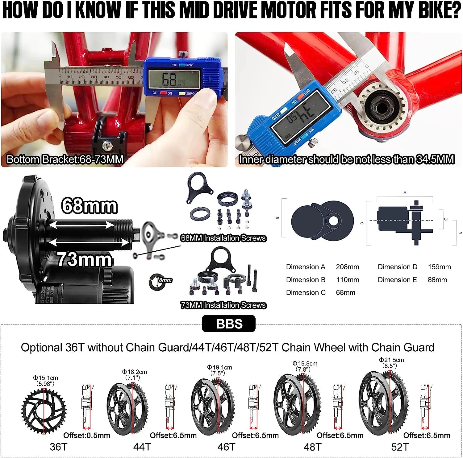 BAFANG Middle Motor 250 W 350 W 500 W BBS01B G340 Motor Mid Drive Motor Electric Bike Ebike Conversion Kit 13Ah 15.6Ah 24Ah Hailong Battery 18650 & 21700 Cells Kits  E-Bike Display Custom E-Bike Kits for BB 68/73 mm Mountain