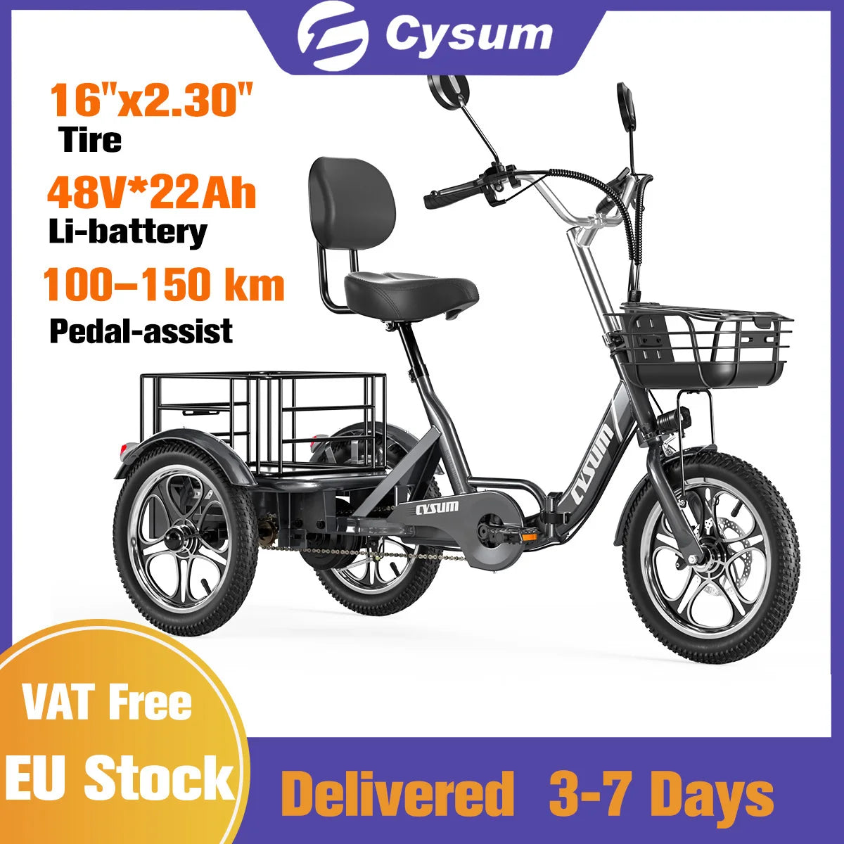 CYSUM T1 Pro Electric Tricycle, Pedal-Assist Three-Wheeled Electric Bike 16" Cargo Ebike with Generous Capacity 48V 22Ah Battery
