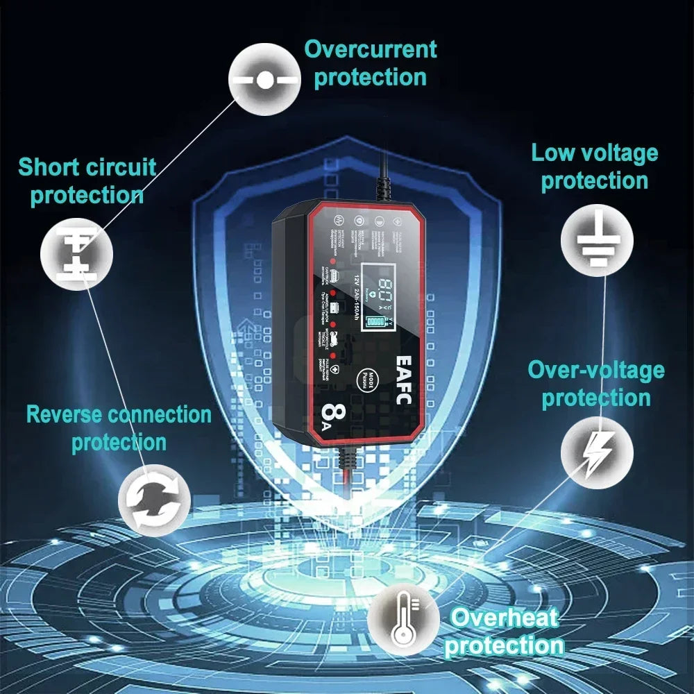 12V 8A Intelligent Car Battery Charger Car Battery Charger Pulse Repair Motorcycle Truck Battery Charger GEL Lead Acid