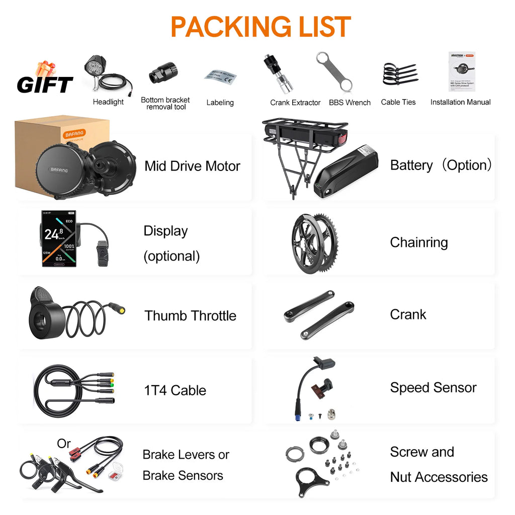 BAFANG Middle Motor 250 W 350 W 500 W BBS01B G340 Motor Mid Drive Motor Electric Bike Ebike Conversion Kit 13Ah 15.6Ah 24Ah Hailong Battery 18650 & 21700 Cells Kits  E-Bike Display Custom E-Bike Kits for BB 68/73 mm Mountain